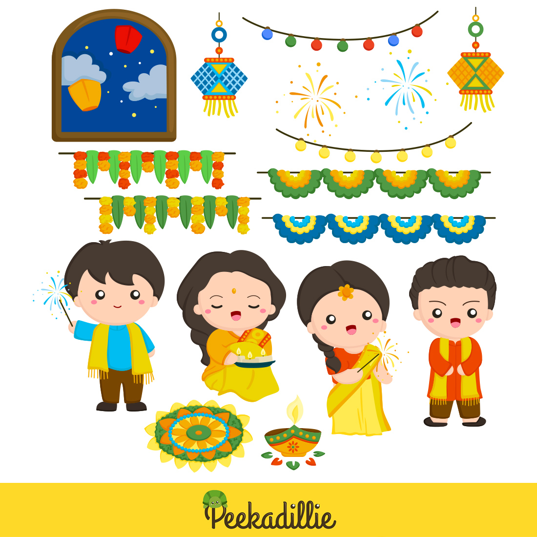 Happy Diwali Deepavali Festival Celebration Traditional Party Background Cartoon Kids Family Couple Illustration Vector Clipart preview image.
