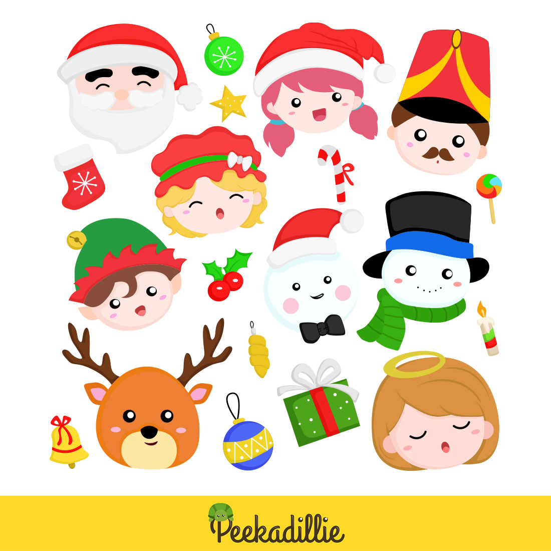 Cute Colorful Christmas Faces Elf Snowman Deer Animal Girl Kids Angel Cartoon Decoration Background Illustration Vector Clipart preview image.