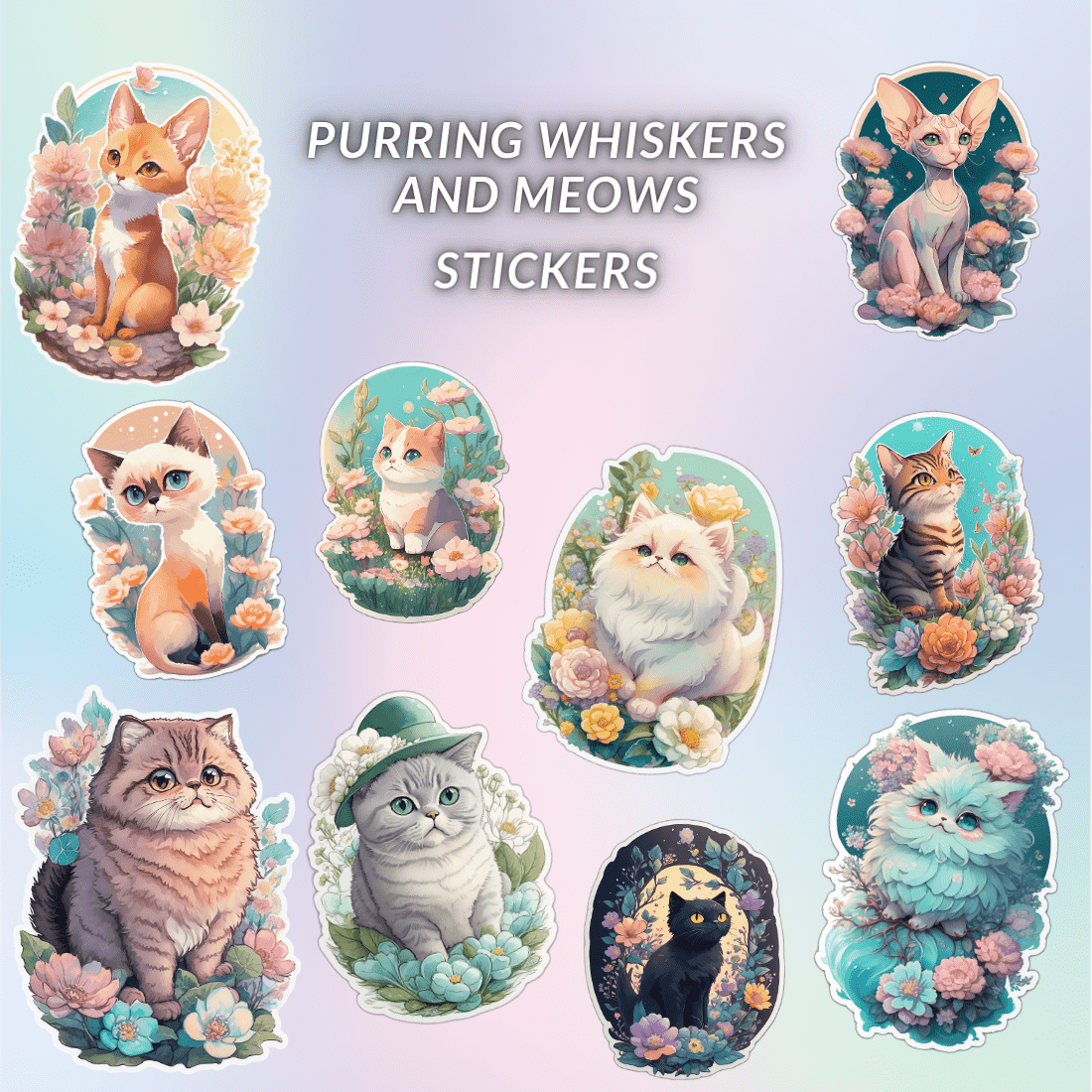 Purring Whiskers and Meows | 10 Png Sticker Design preview image.