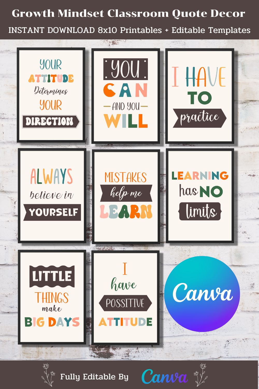 Editable Growth Mindset Classroom Decor pinterest preview image.