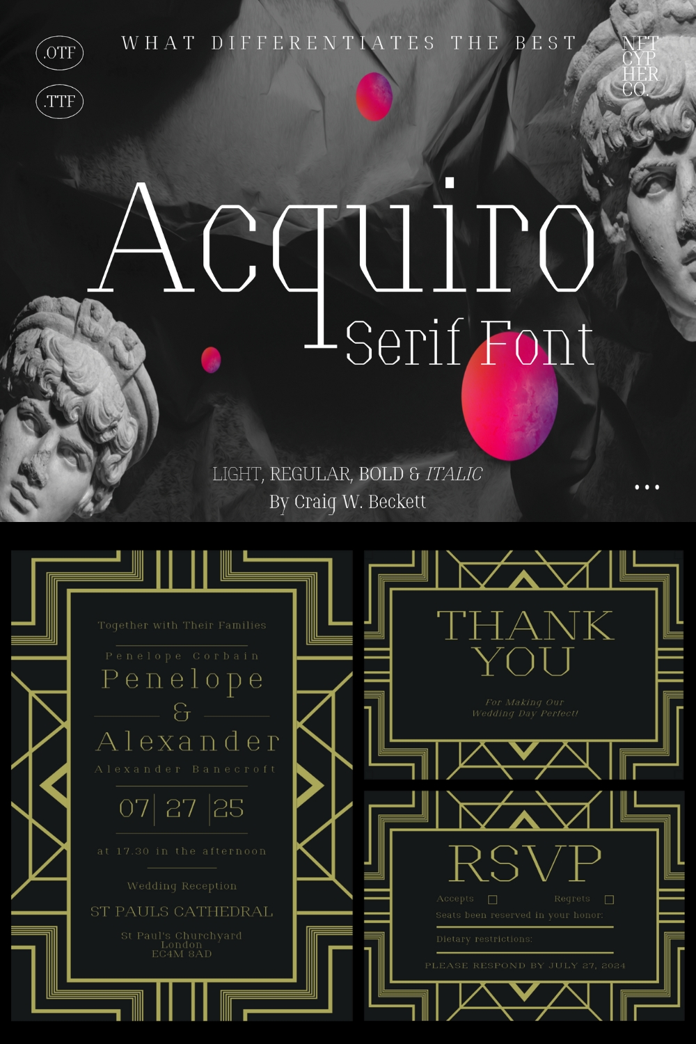 Acquiro - Elegant Serif Font Family pinterest preview image.