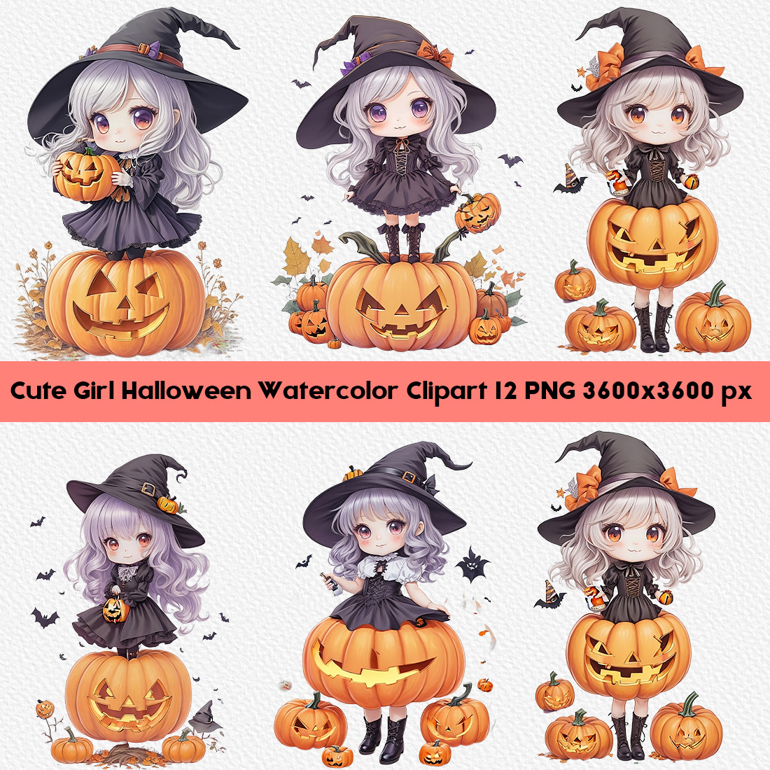 Cute Girl Halloween Watercolor Clipart cover image.