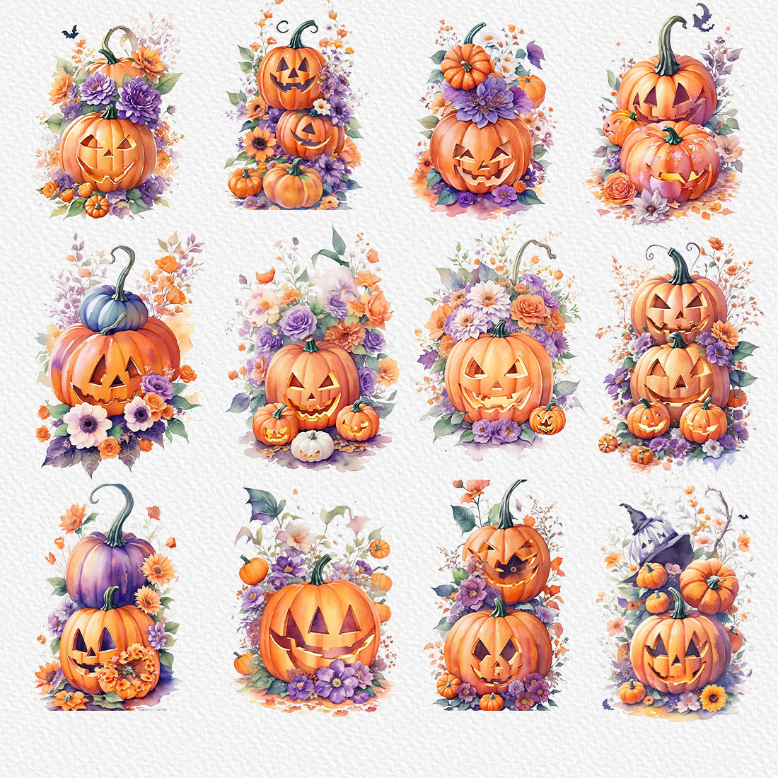 watercolor illustration Halloween scary pumpkin preview image.
