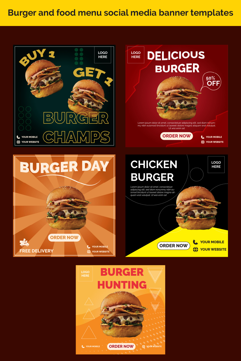 Burger and food menu social media banner templates pinterest preview image.