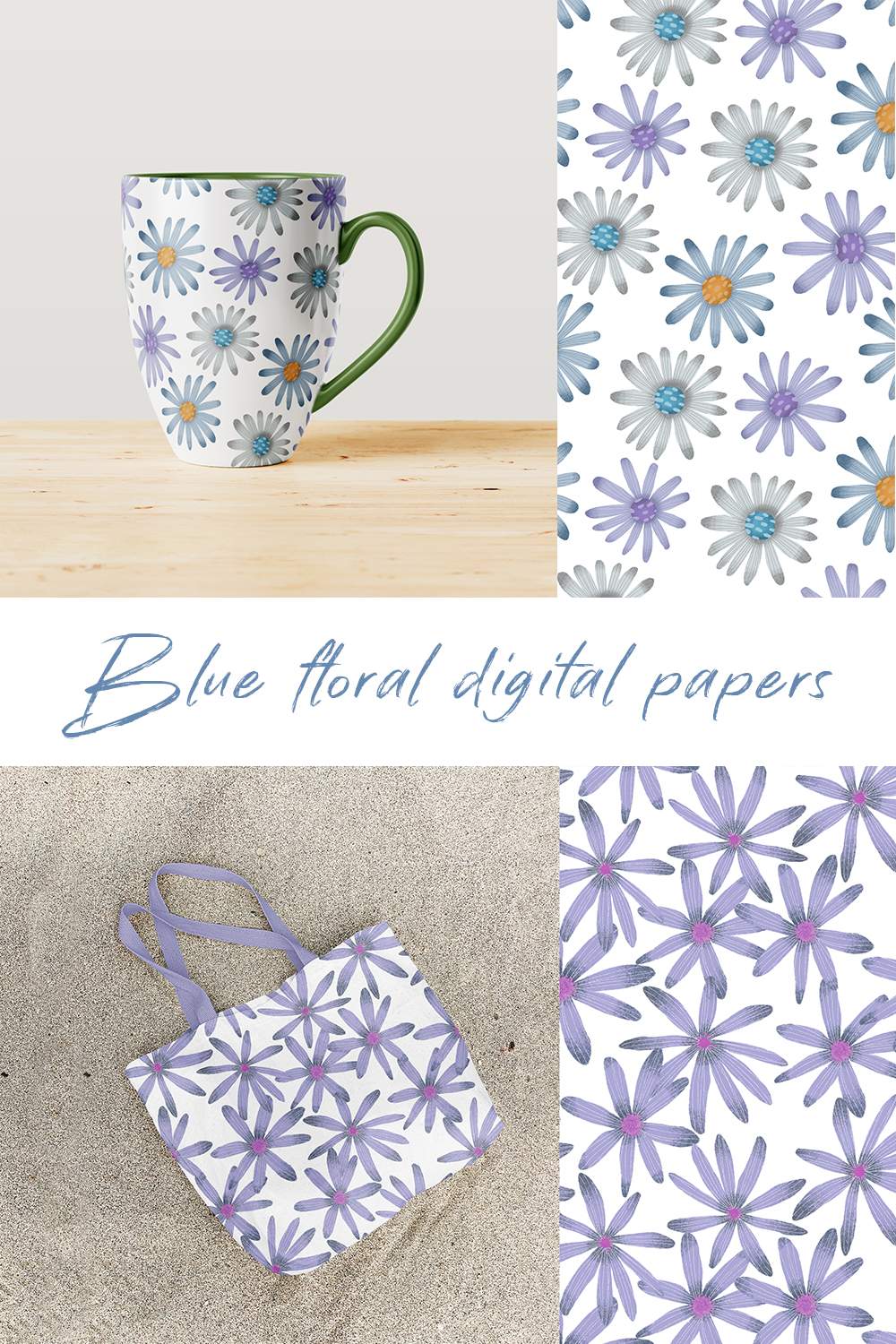 Blue floral digital papers pinterest preview image.