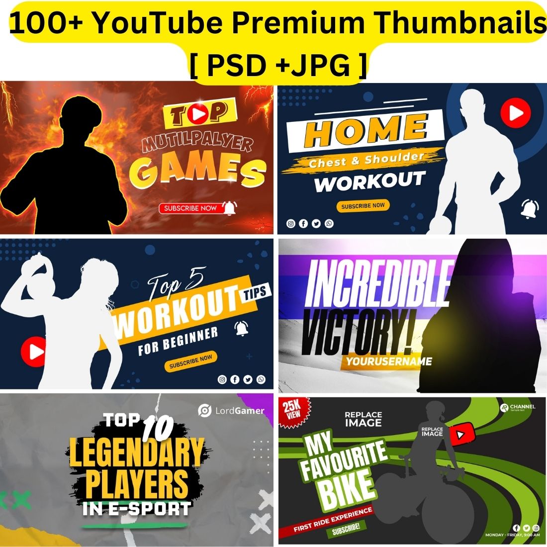 100+ YouTube Premium Custom Thumbnails Bundle for Gym , Gaming, Business ,Personal videos [ PSD +JPG ] cover image.