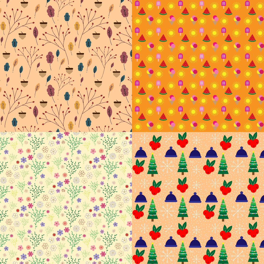 4 Seamless Season Patterns (Summer, Winter, Spring, Fall) preview image.