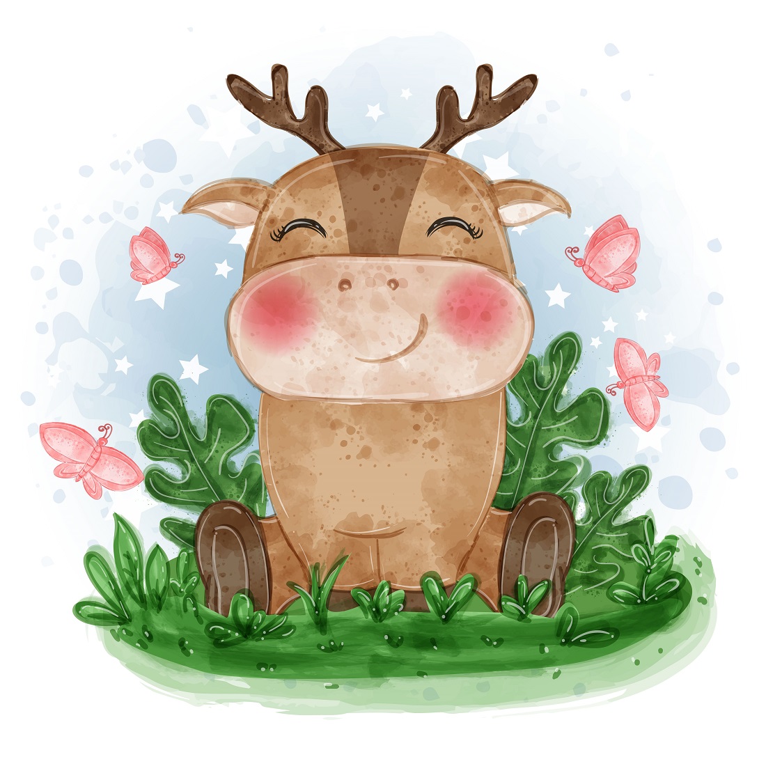 Baby deer cute illustration sit down grass preview image.