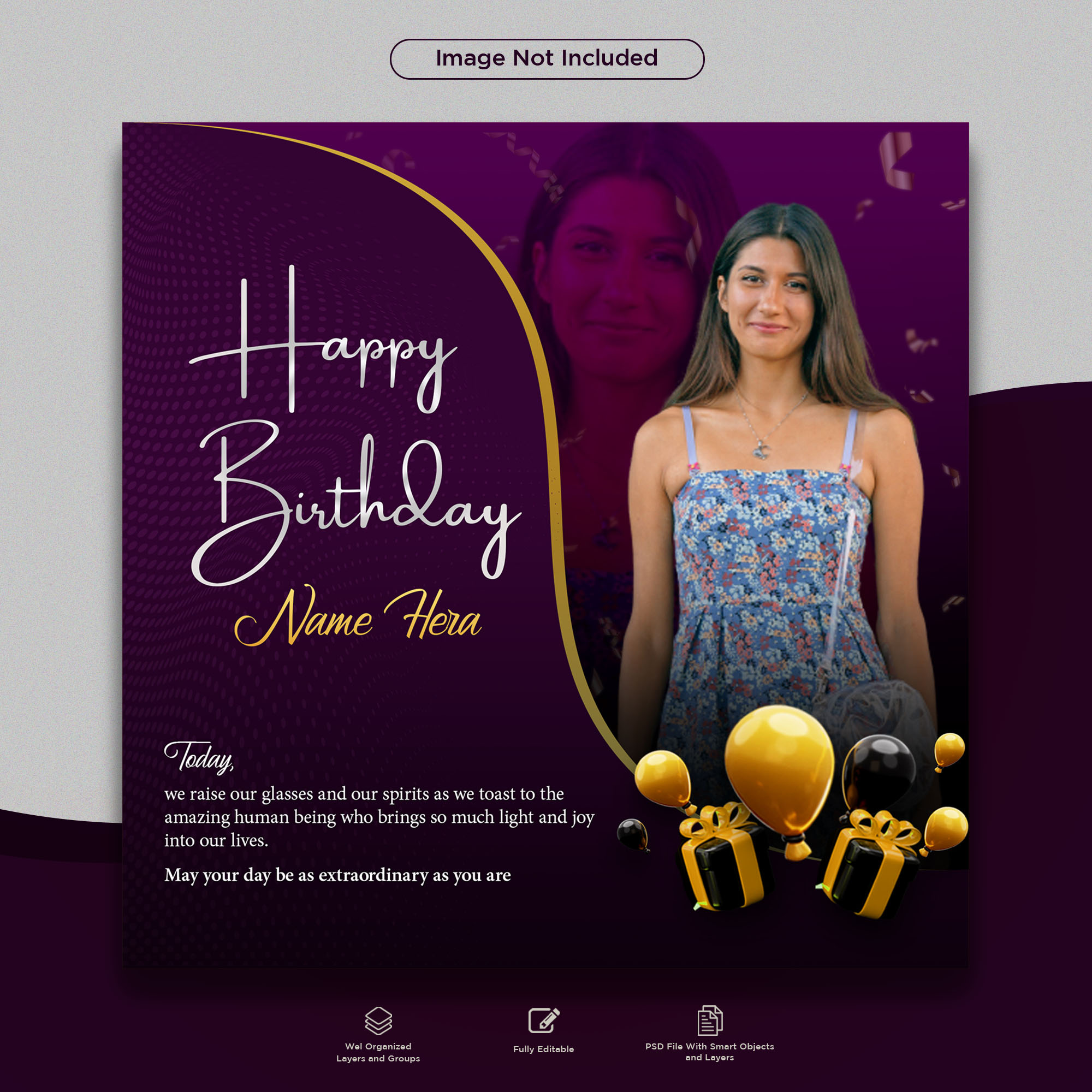 Happy birthday wish and celebration post design PSD template for social media cover image.