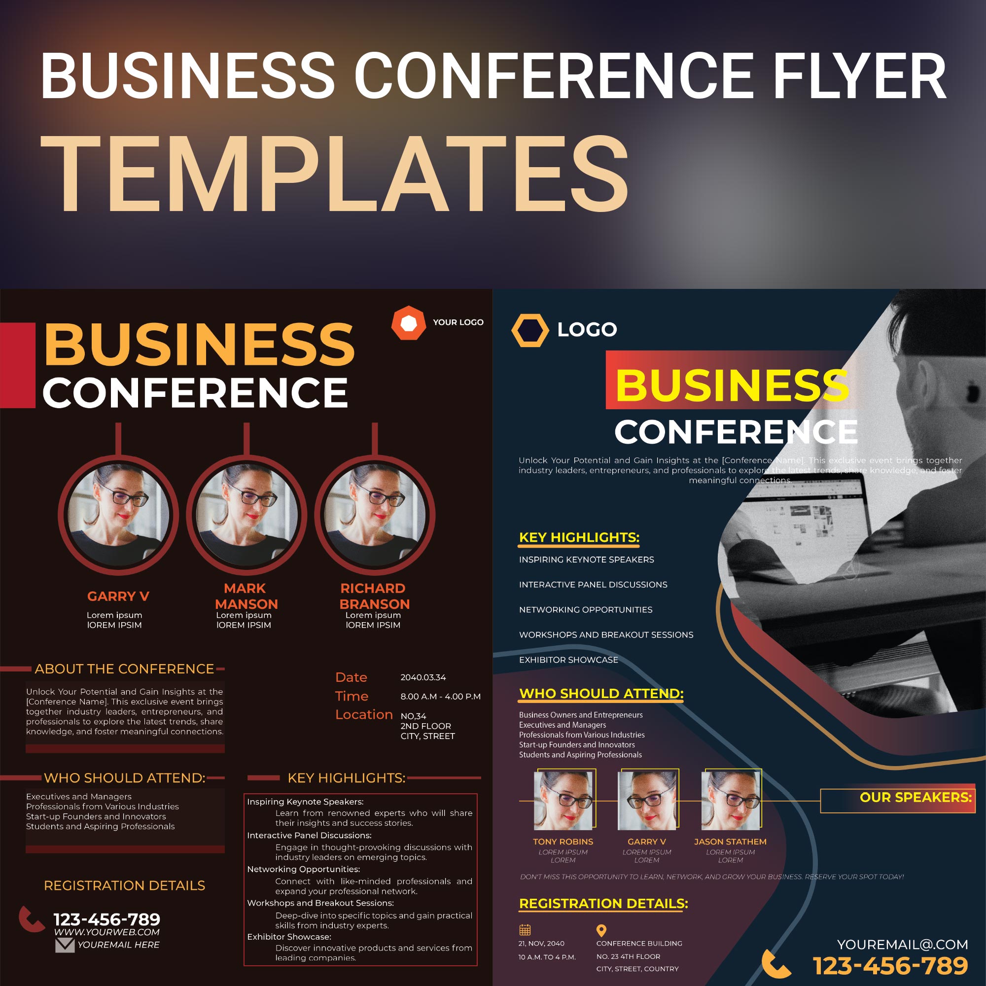 Business conference flyer design templates cover image.