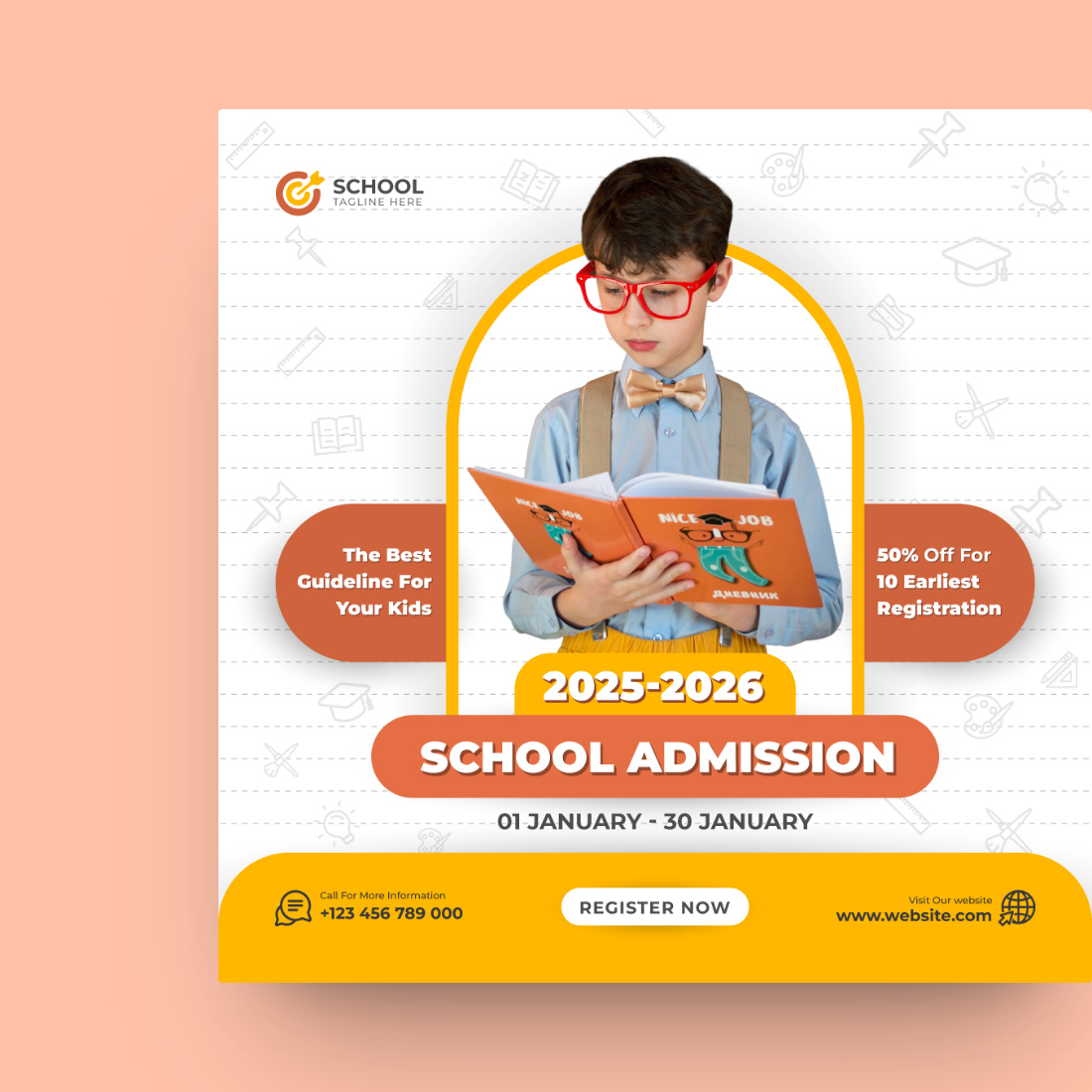 School Admission or Kids Education or Back to School Social Media Post Template preview image.