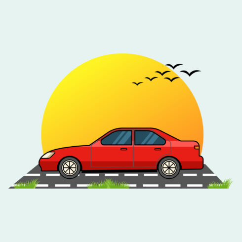 Red Car in front of sunset art illustration vector design cover image.