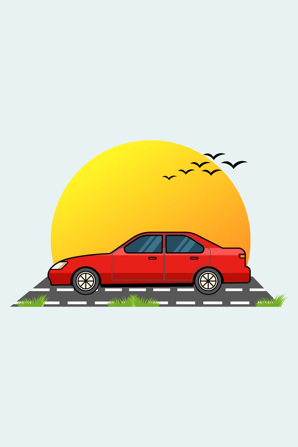 Red Car in front of sunset art illustration vector design pinterest preview image.