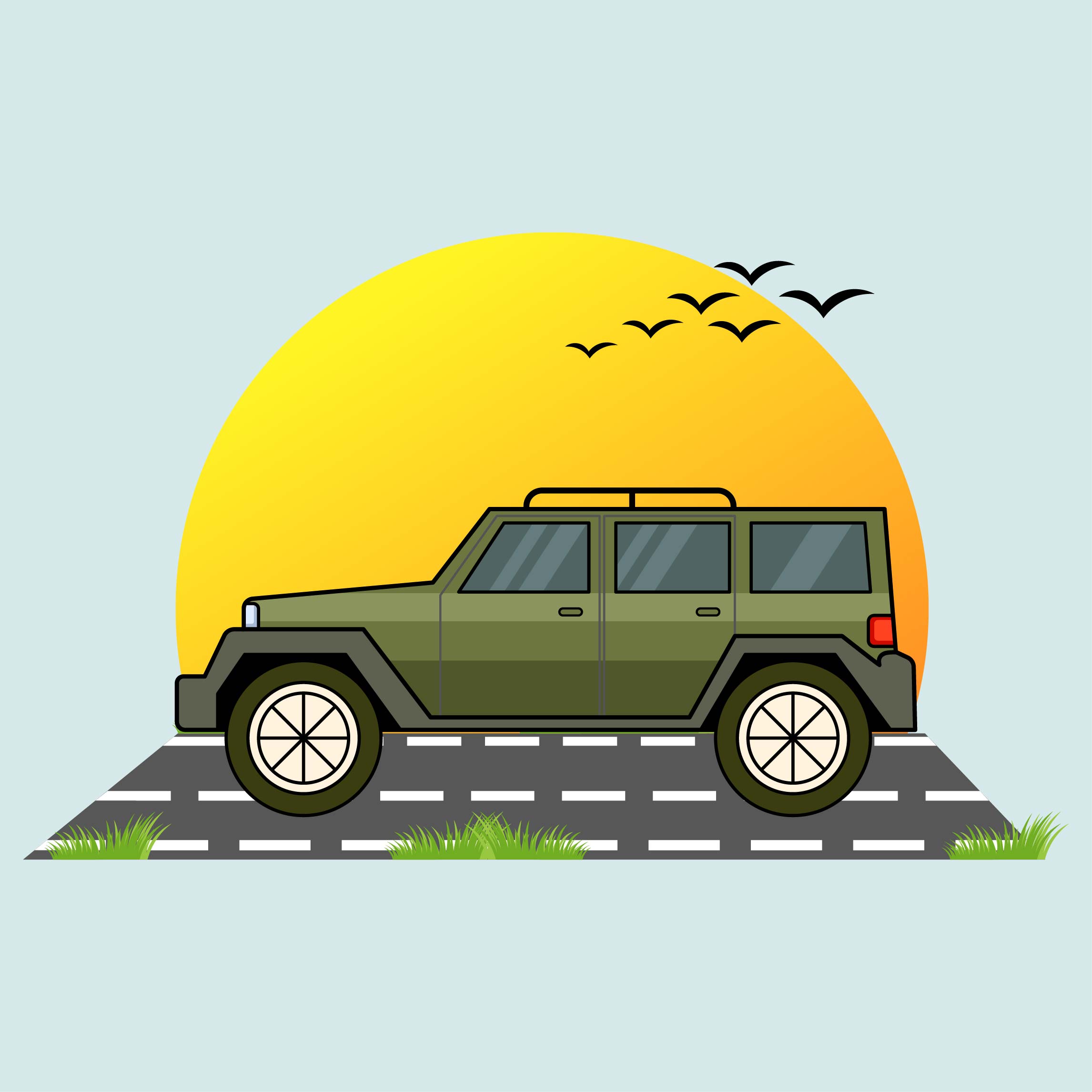 Jeep car in front of sunset art illustration vector preview image.