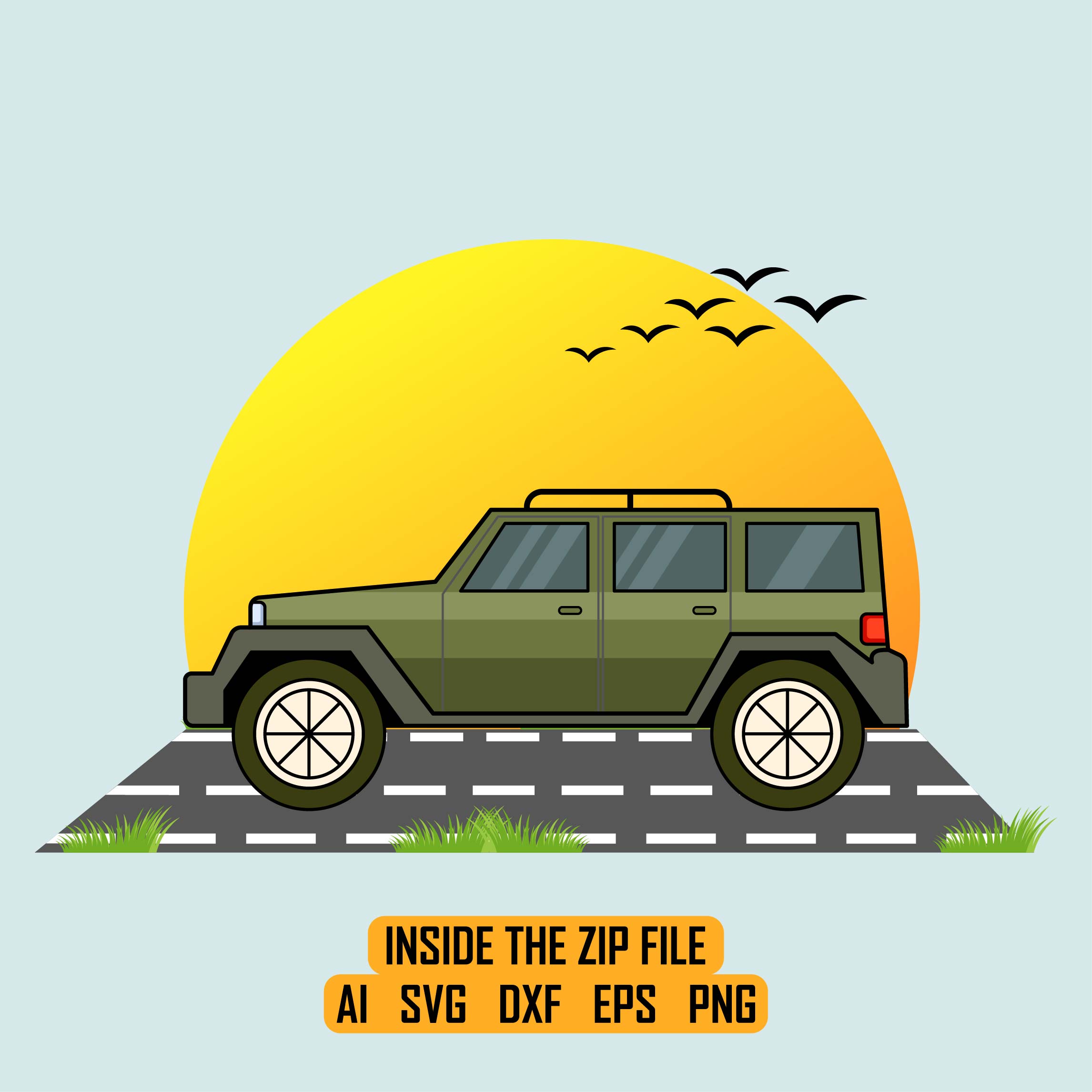 Jeep car in front of sunset art illustration vector cover image.