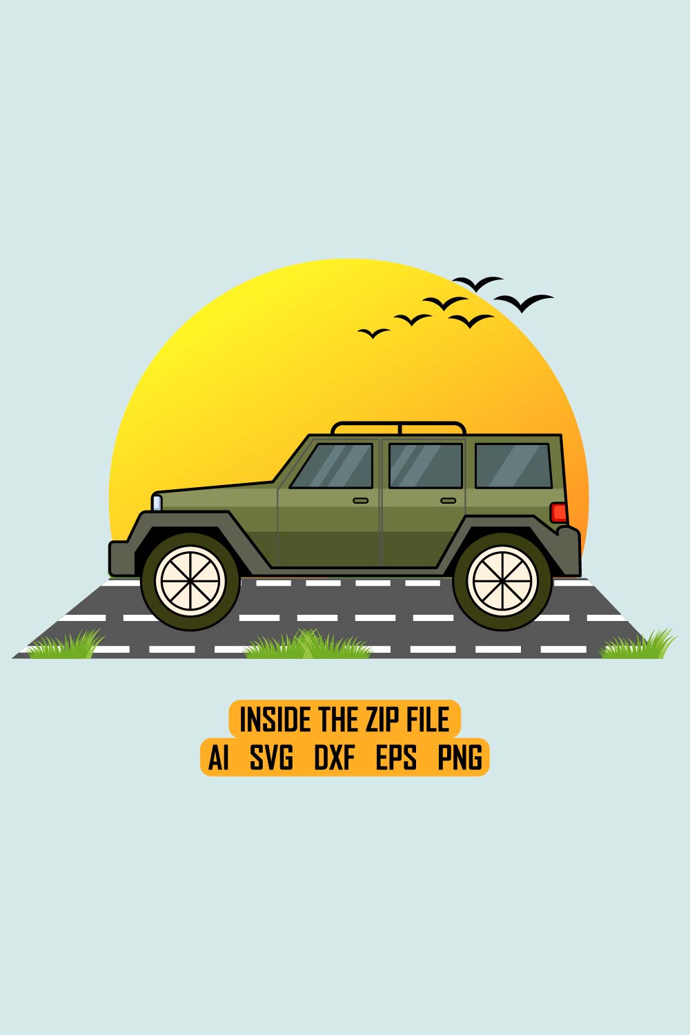 Jeep car in front of sunset art illustration vector pinterest preview image.