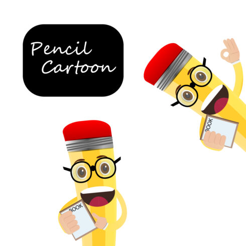 Cartoon Pencil Character Holding Book cover image.