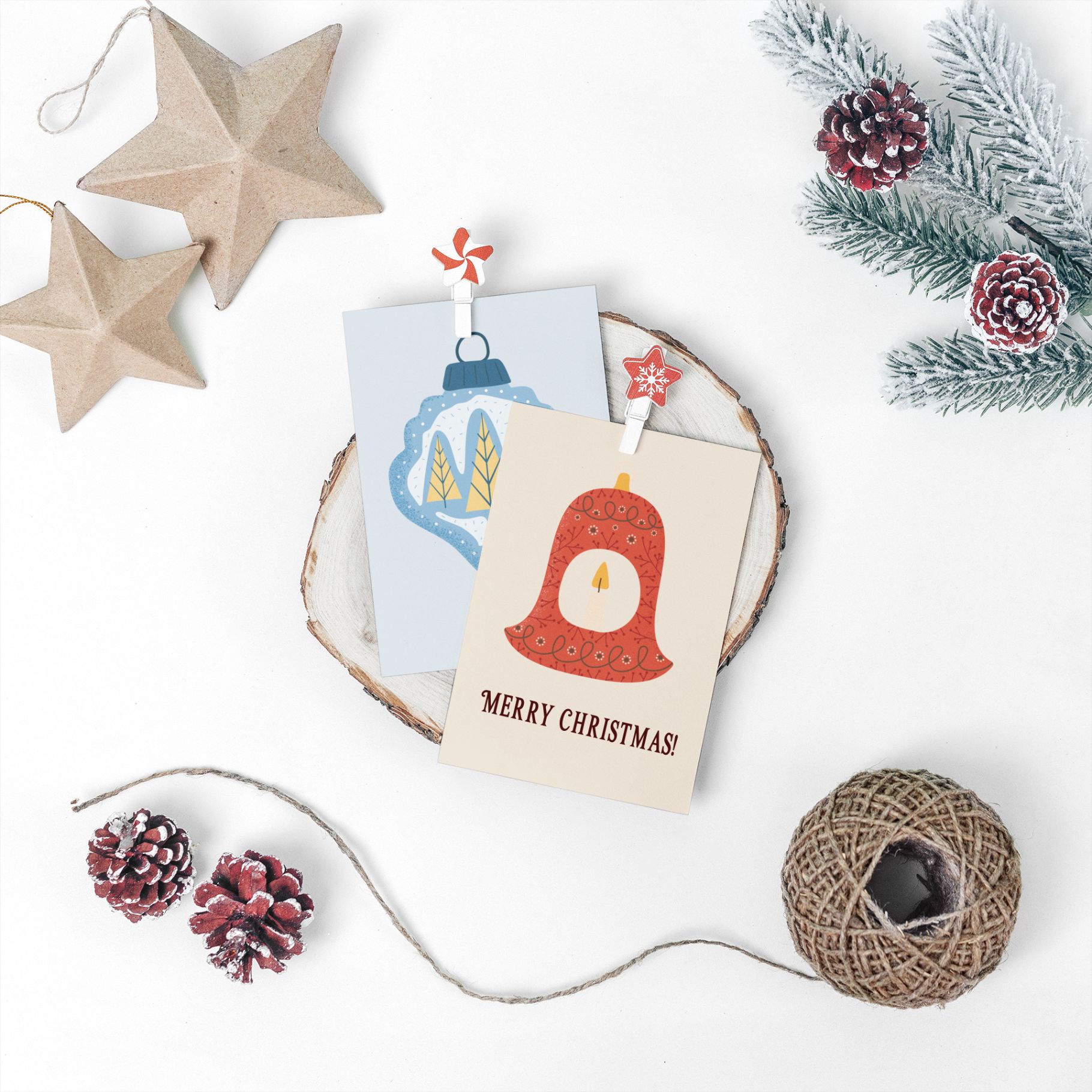 christmas mockup featuring two postcards placed by some holiday decorations with christmas toy flat design 846