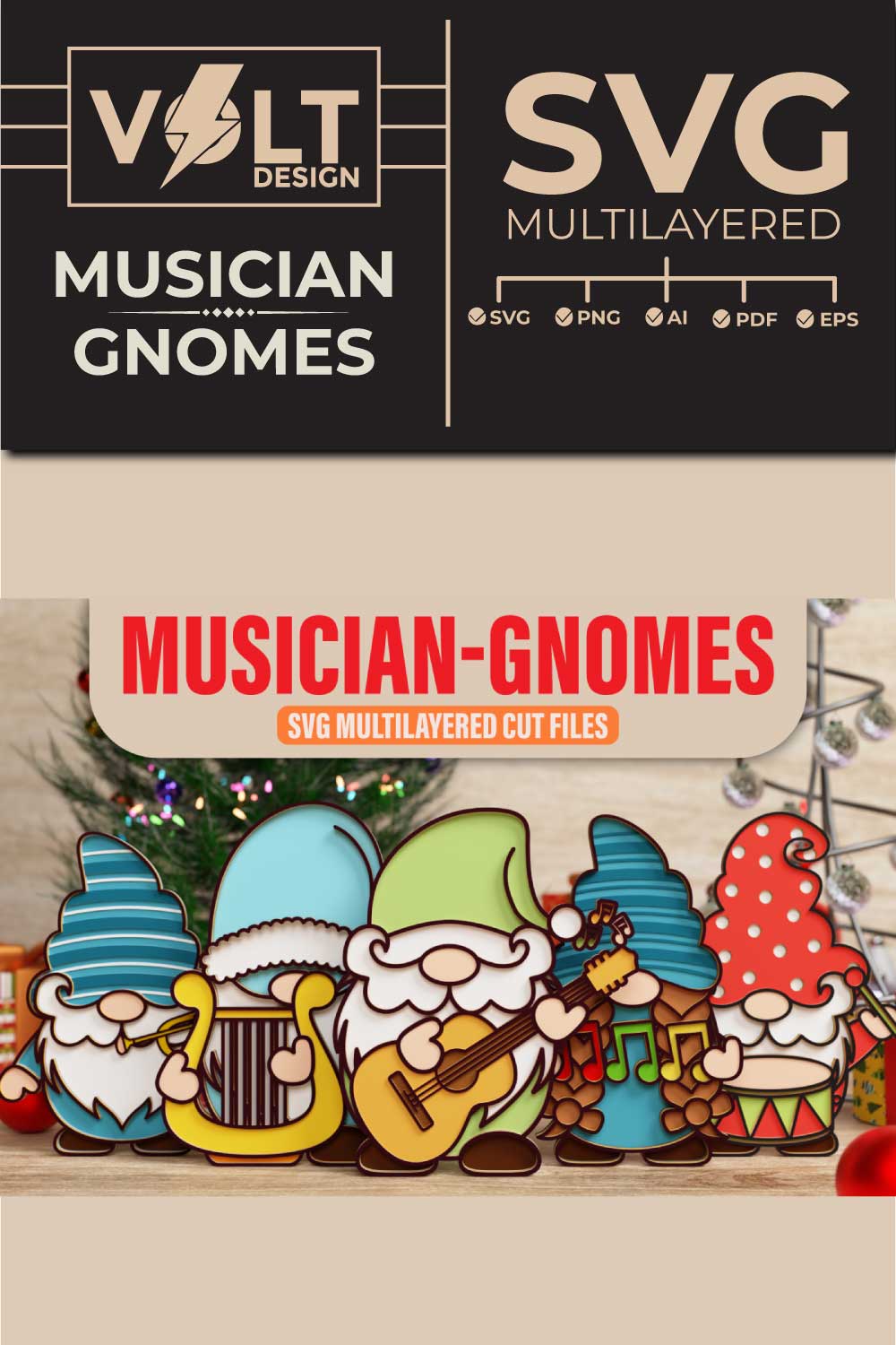 Musician Gnome 3D SVG Multilayered Cut Files pinterest preview image.