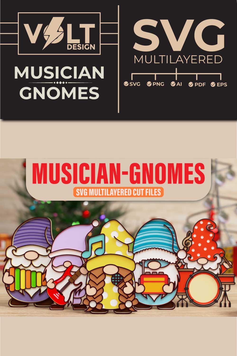 Musician Gnome 3D SVG Multilayered Cut Files pinterest preview image.