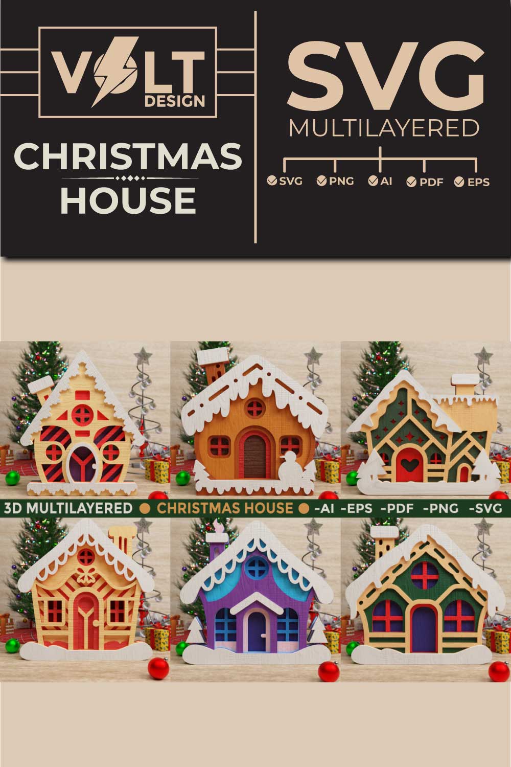 Christmas House 3D SVG Multilayered Cut Files pinterest preview image.