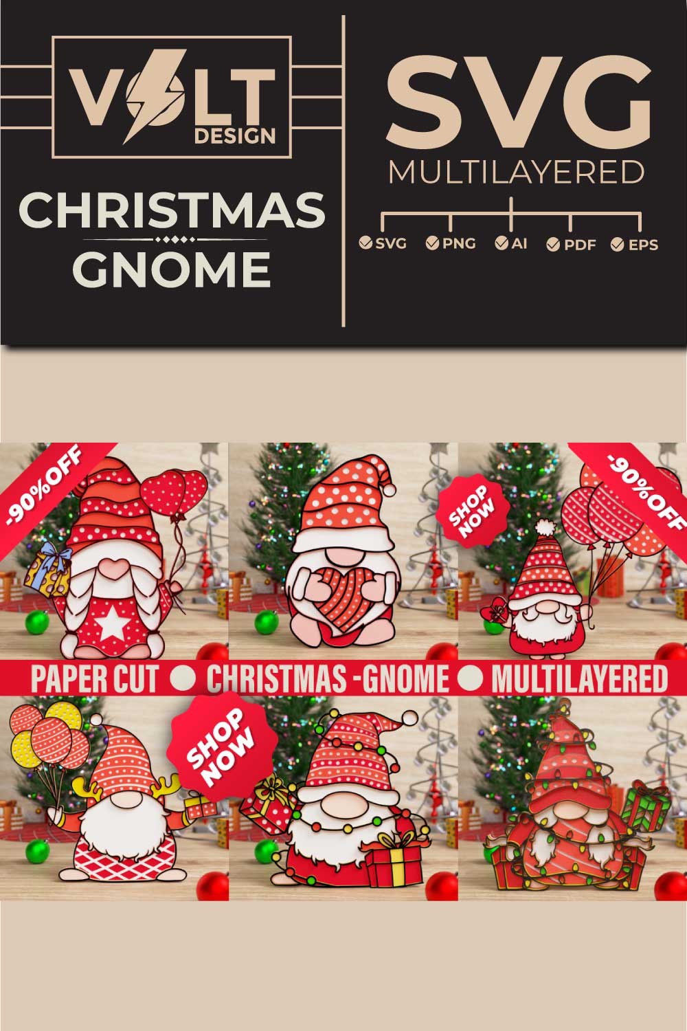 Christmas gnome 3D SVG Multilayered Cut Files pinterest preview image.