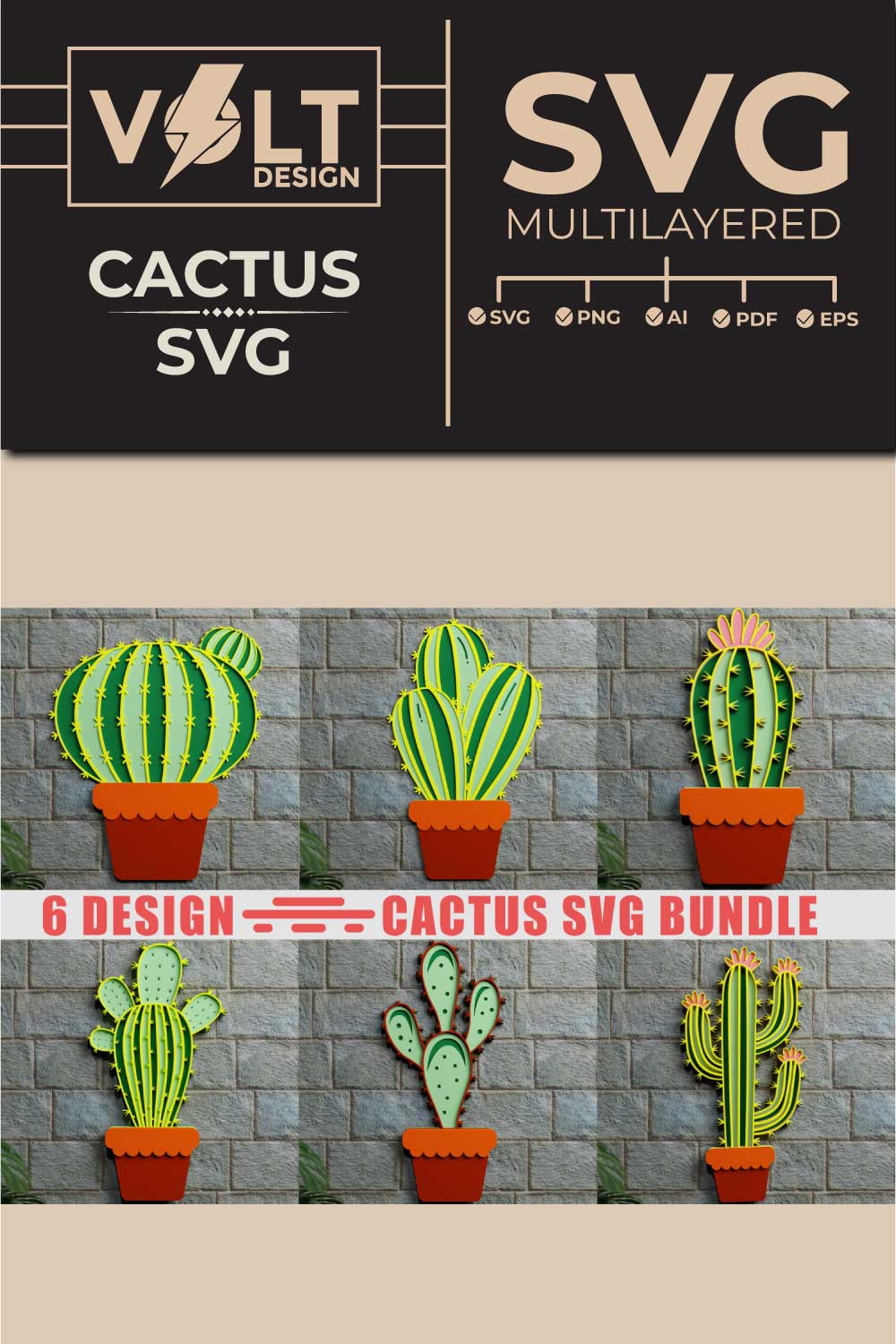 Cactus 3D SVG Multilayered Cut Files pinterest preview image.