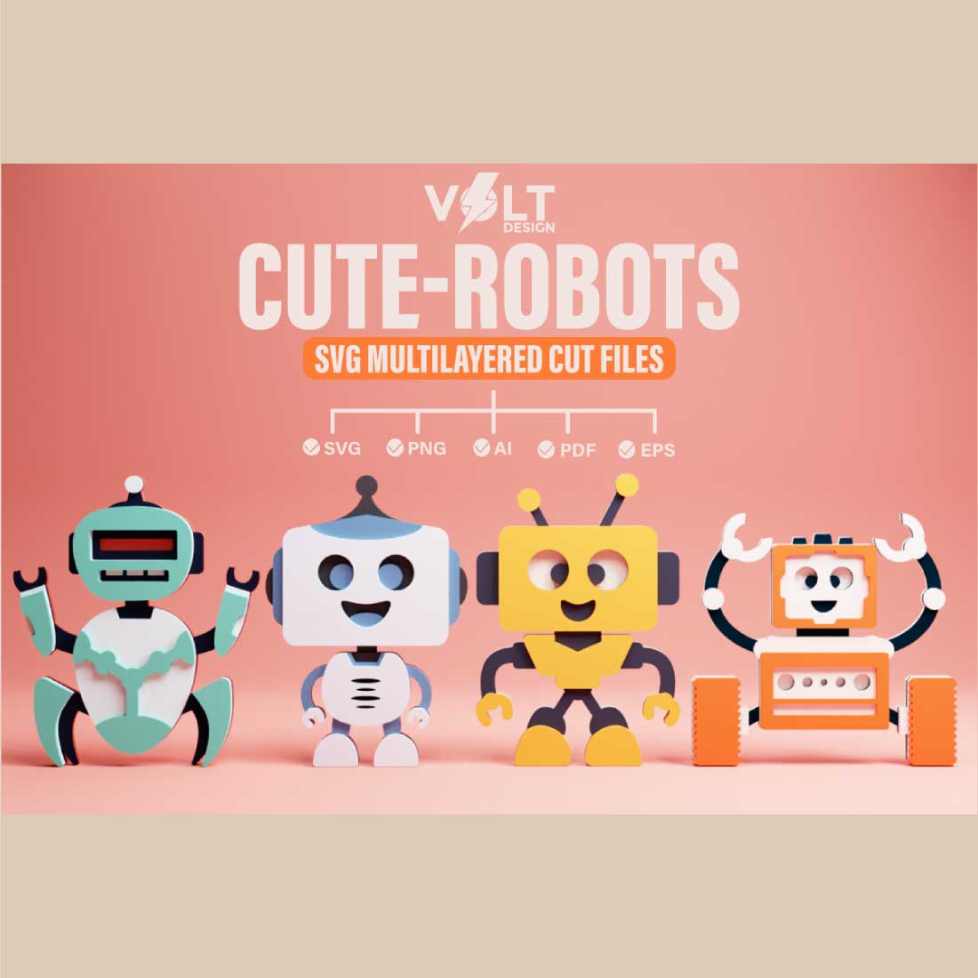 Cute Robots 3D SVG Multilayered Cut Files preview image.