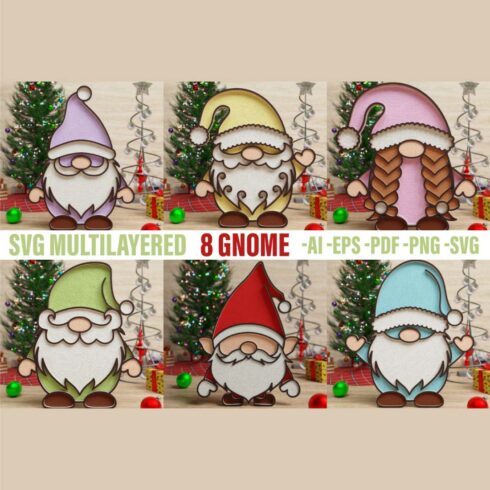 Christmas Gnome 3D SVG Multilayered Cut Files cover image.