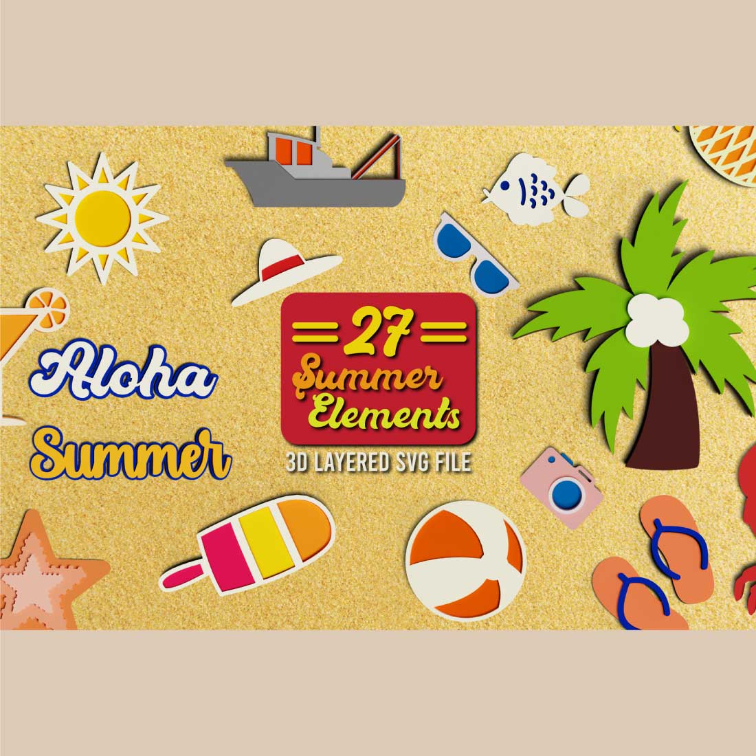 Summer Elements 3D SVG Multilayered Cut Files preview image.