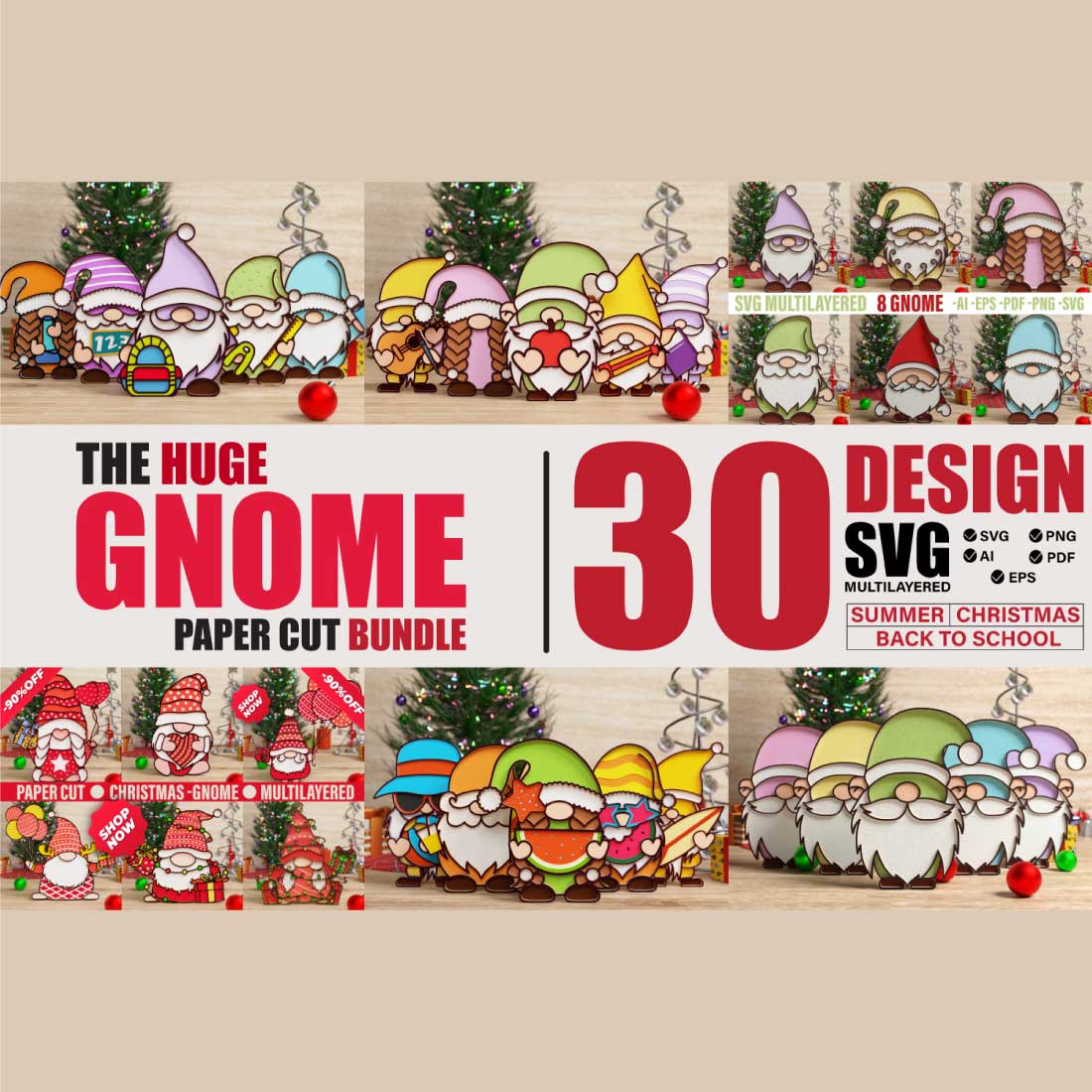 Huge Gnome Pack 3D svg Multilayered cut files cover image.