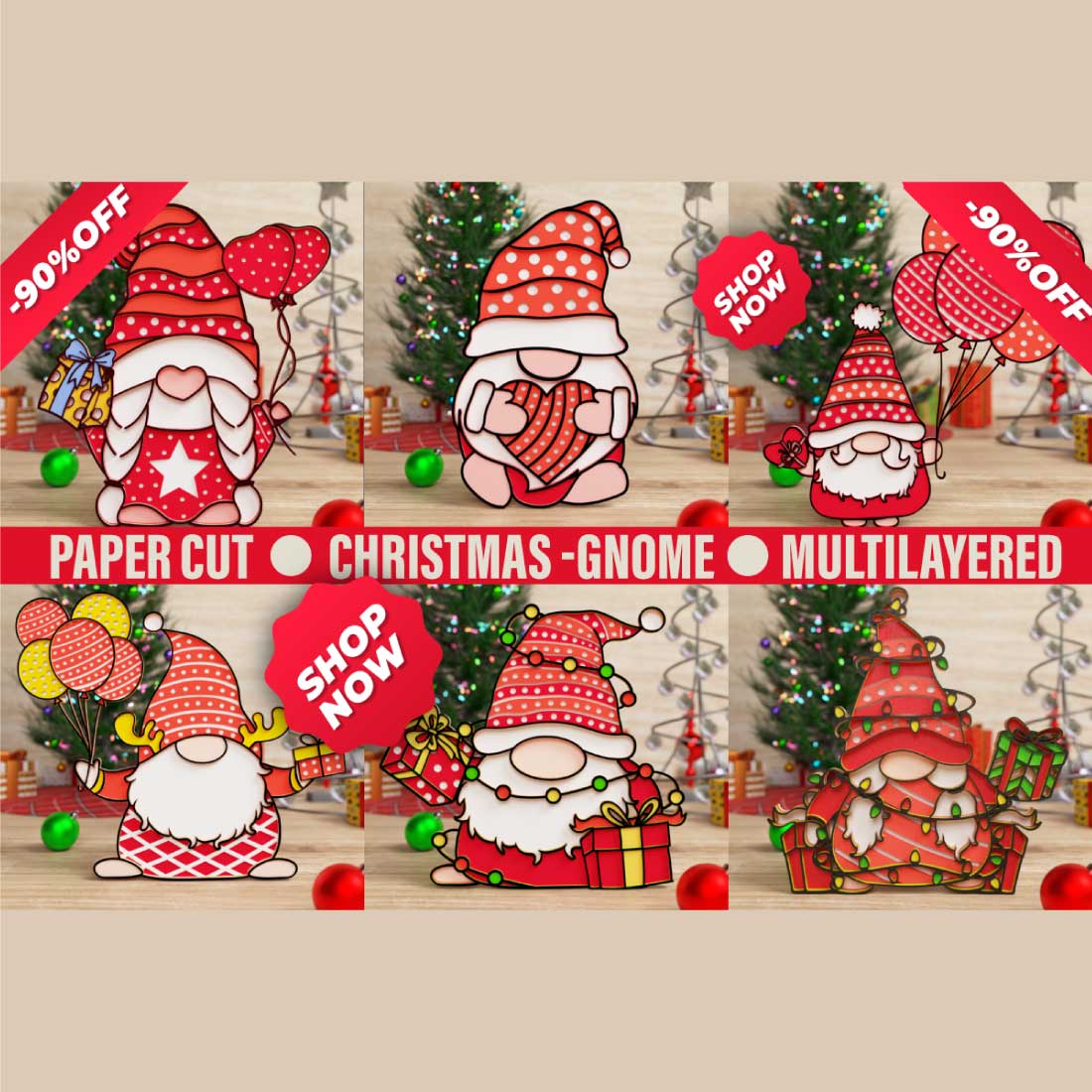 Christmas gnome 3D SVG Multilayered Cut Files preview image.