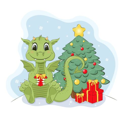 6 Christmas illustrations with a cute cartoon dragon cover image.