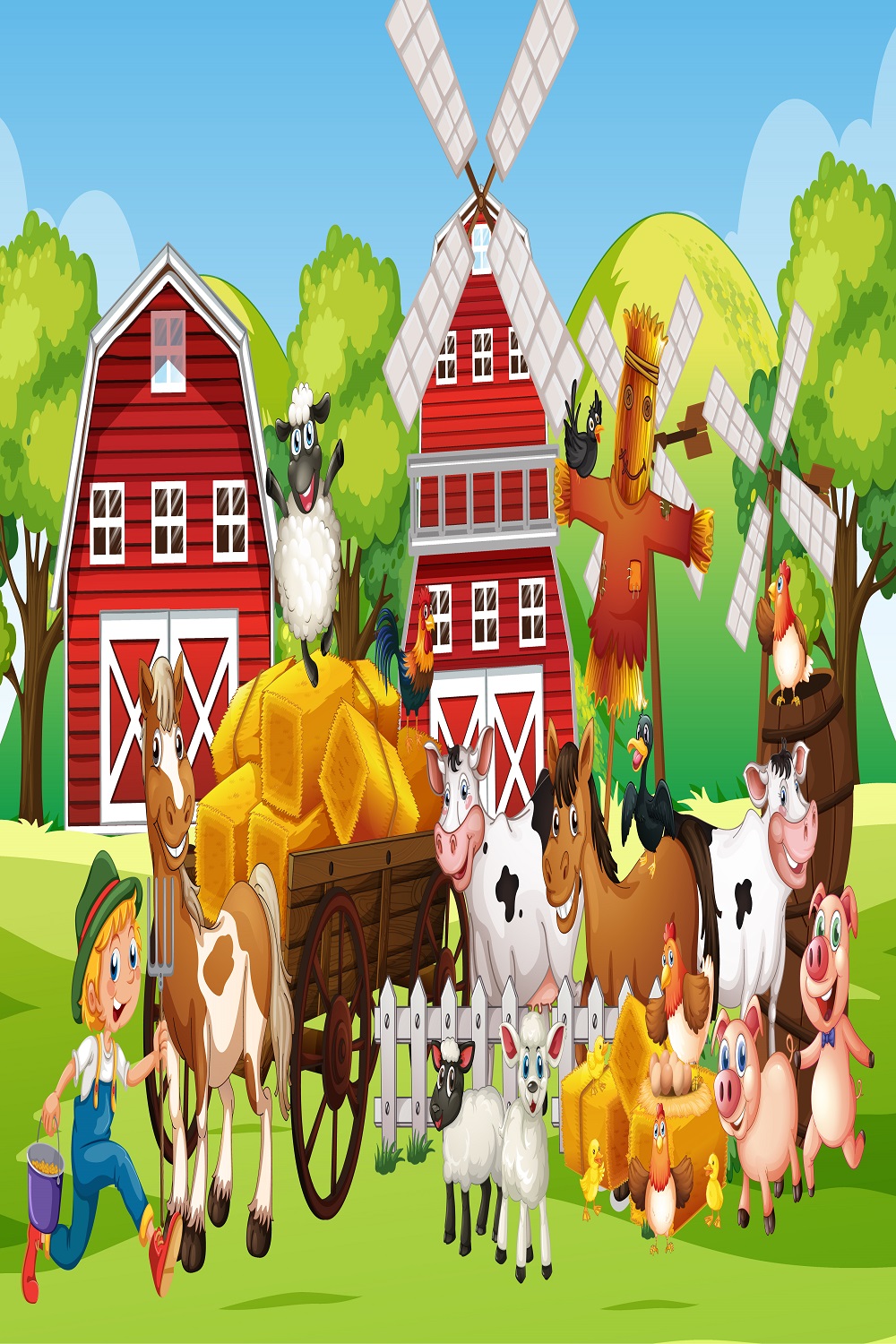 Farm scene with many farm animals pinterest preview image.