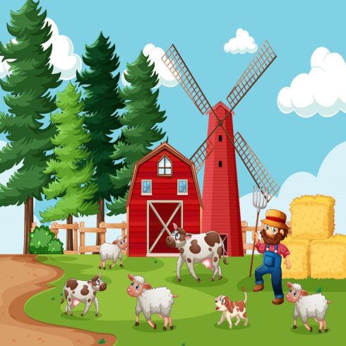 Farmer with animal farm farm scene cartoon style cover image.