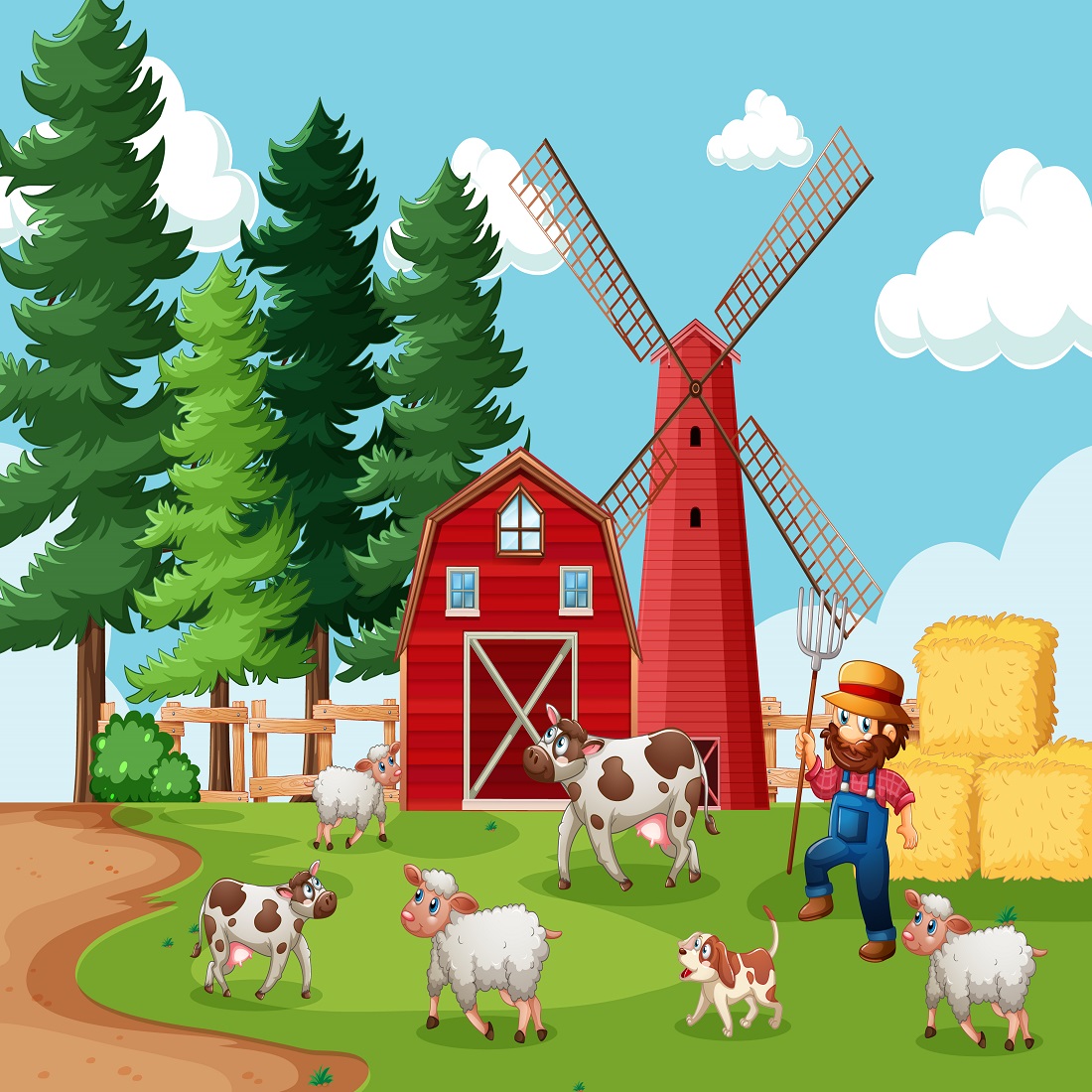 farmer with animal farm farm scene cartoon style 283