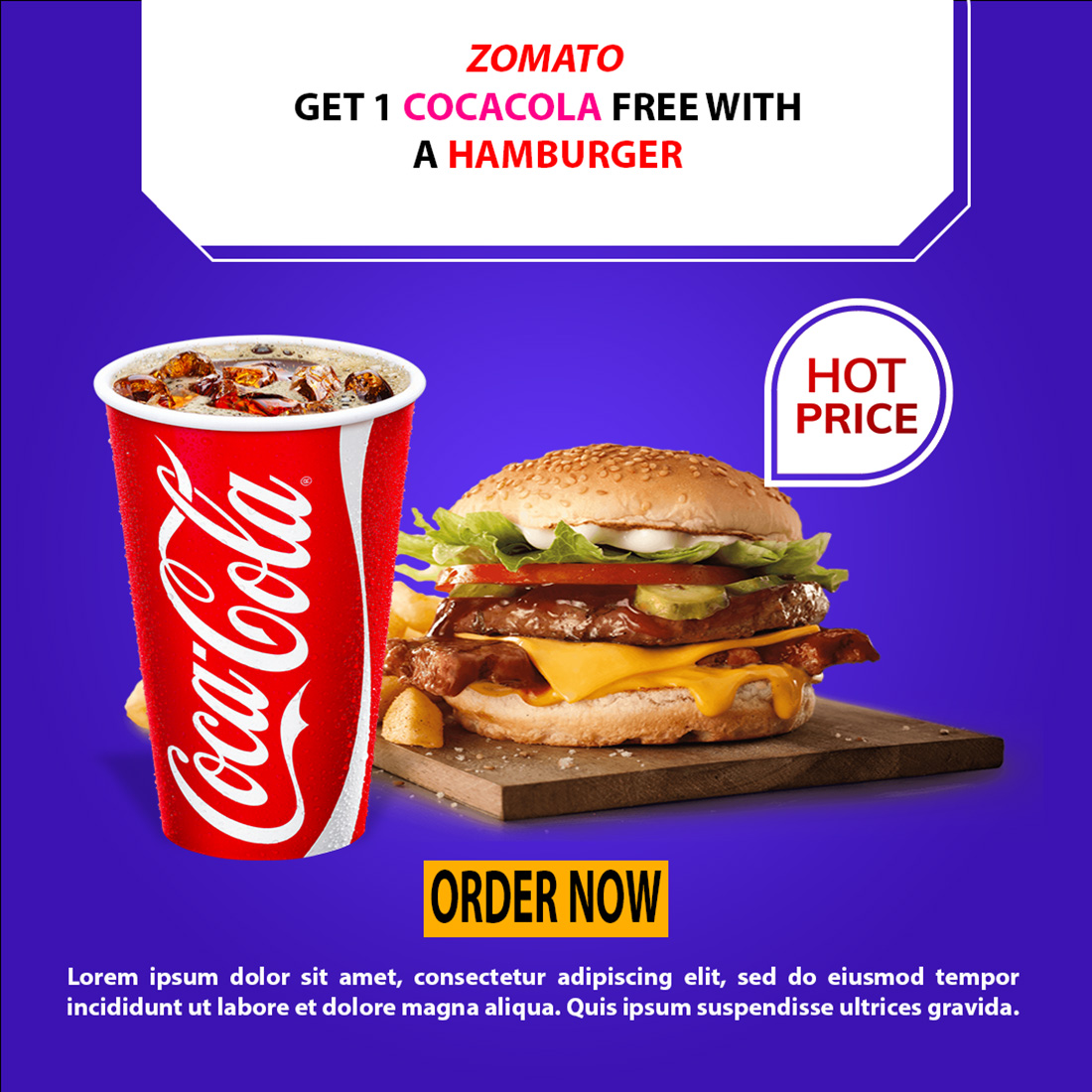 burger and cocacola social media poster design preview image.