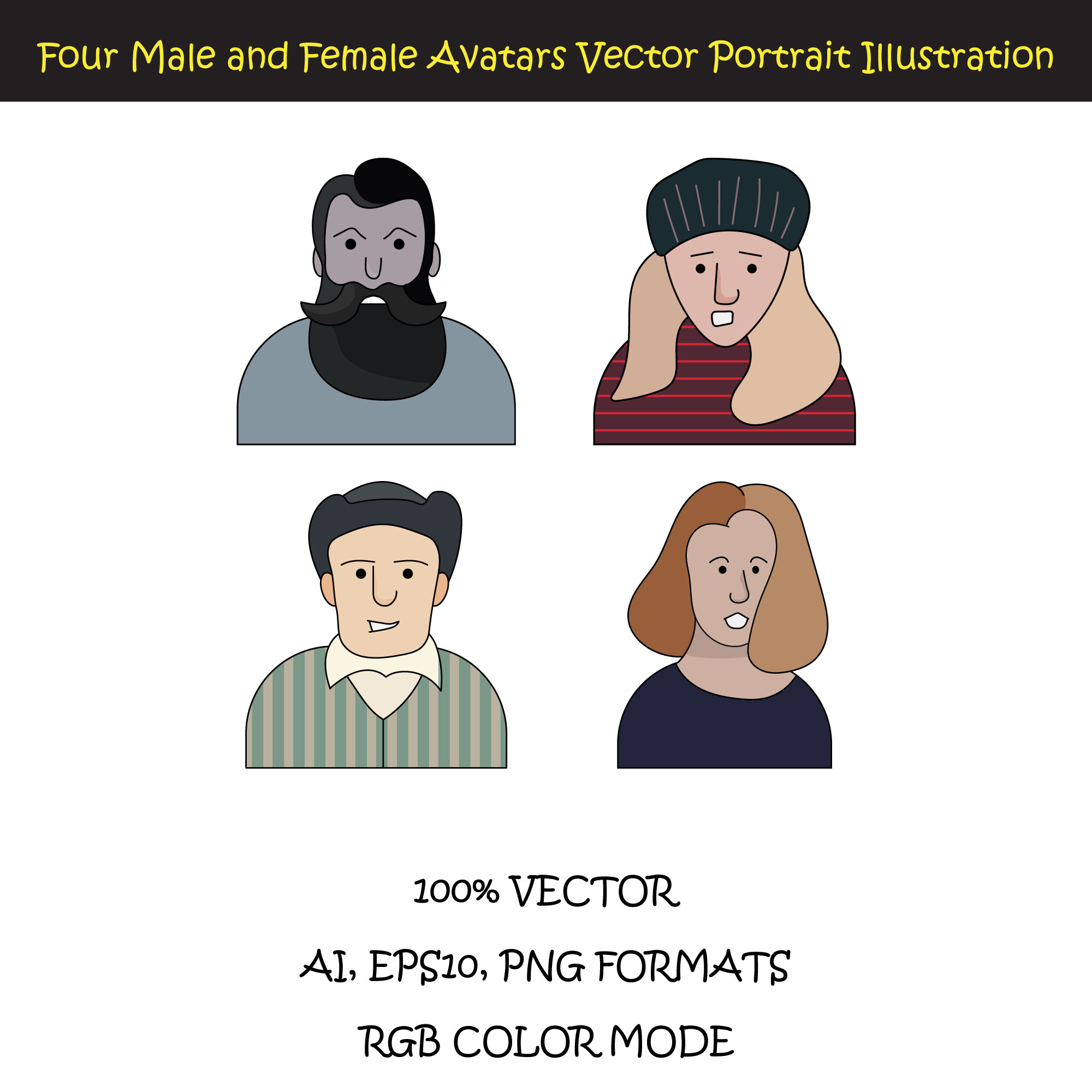 Four male and female avatars vector portrait illustration preview image.