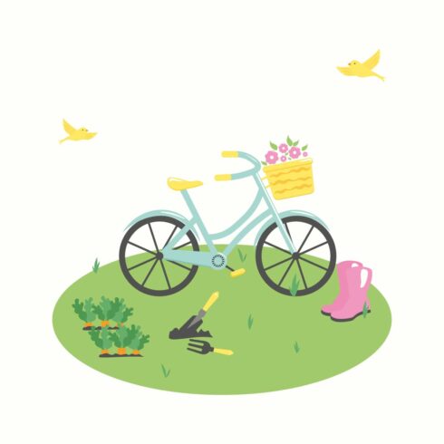 2 illustrations of bicycle and garden chair  Garden set png cover image.