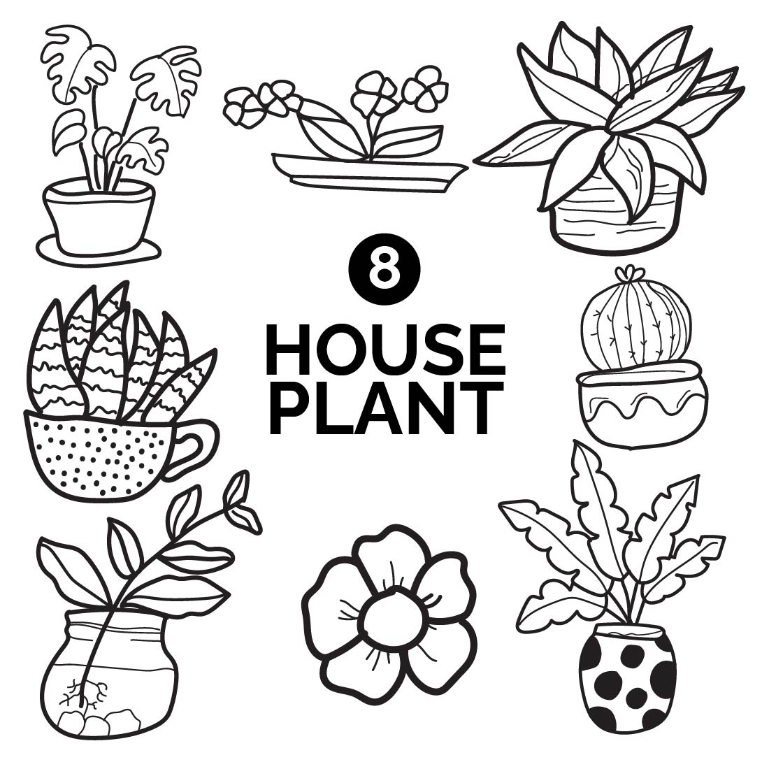 8 house plants doodle illustration cover image.