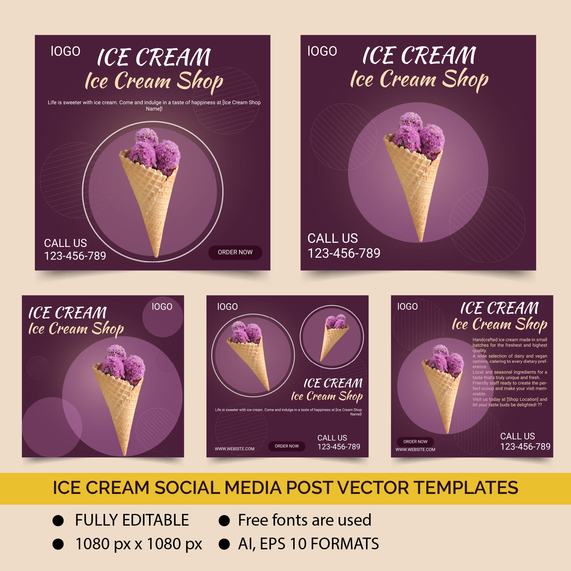 Ice cream social media post vector templates preview image.