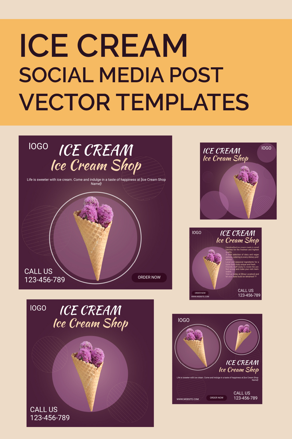 Ice cream social media post vector templates pinterest preview image.