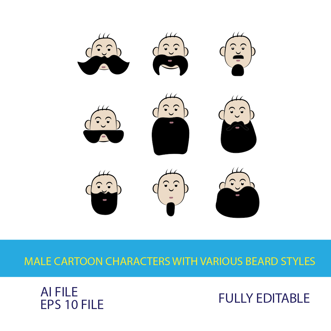 Male cartoon characters with various beard styles preview image.