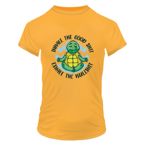 Inhale the good shit, exhale the bullshit Funny quote meditating turtle Vector illustration T-shirt Design cover image.