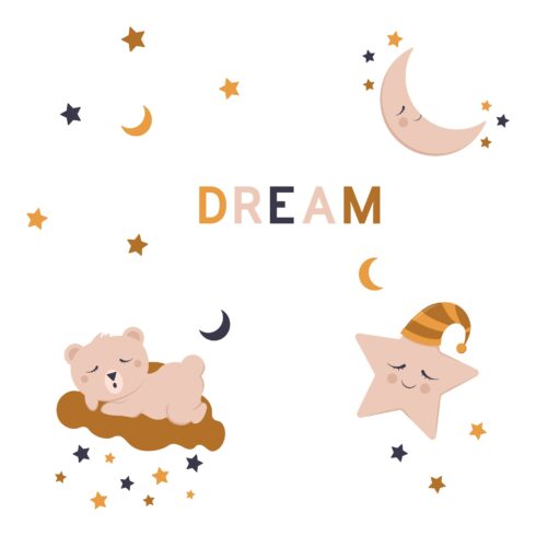 Children's illustration with cute sleeping bears, a moon and a star for a sweet dream cover image.