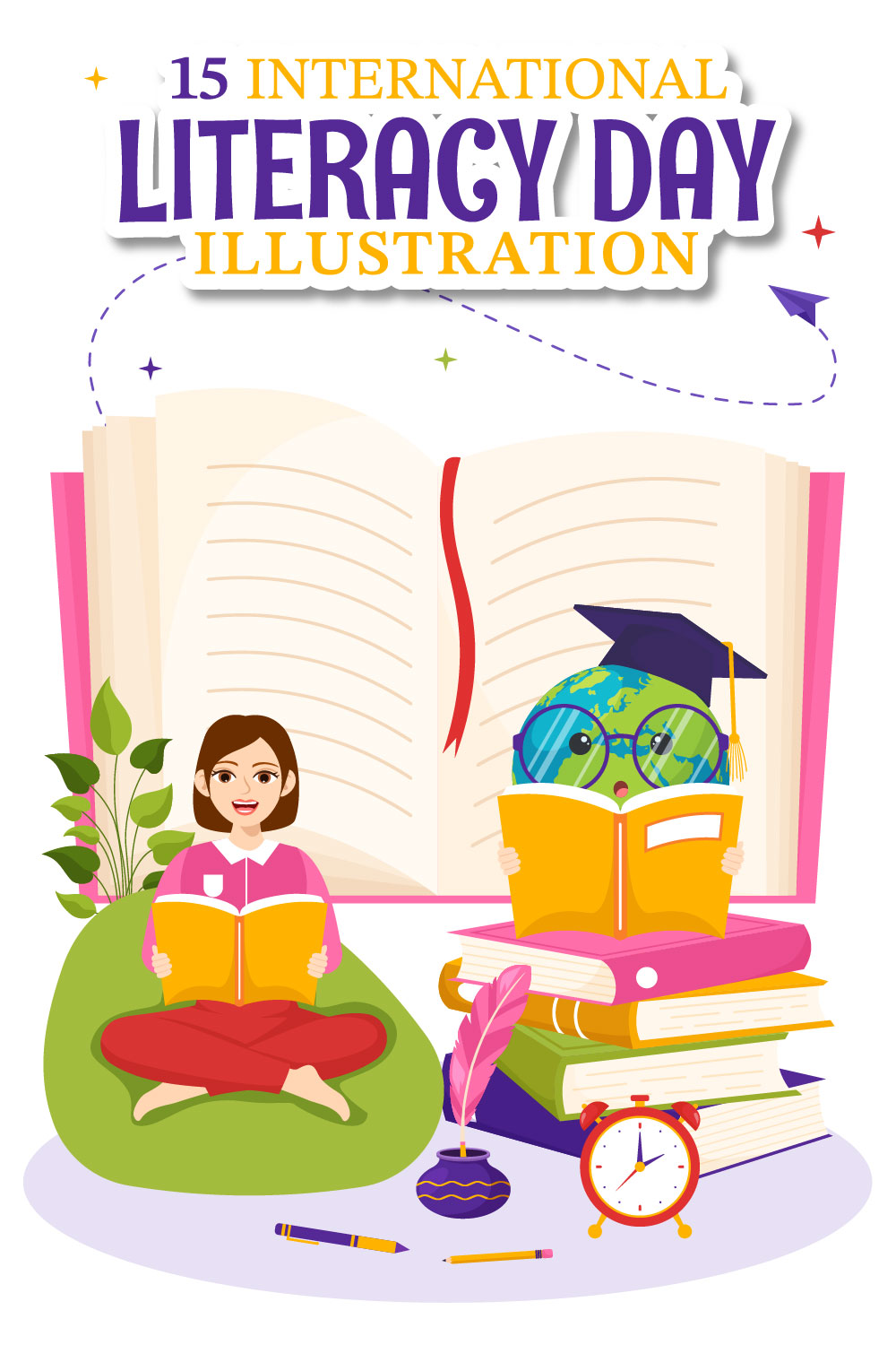 15 International Literacy Day Illustration pinterest preview image.