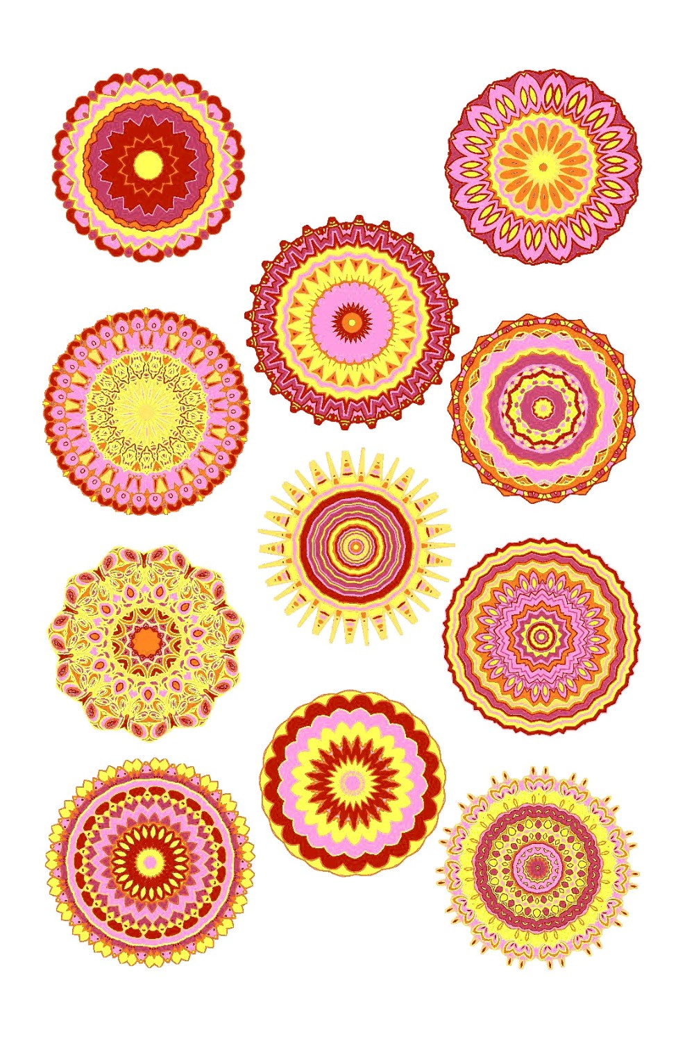 12 Bright Yellow Pink Mandalas pinterest preview image.