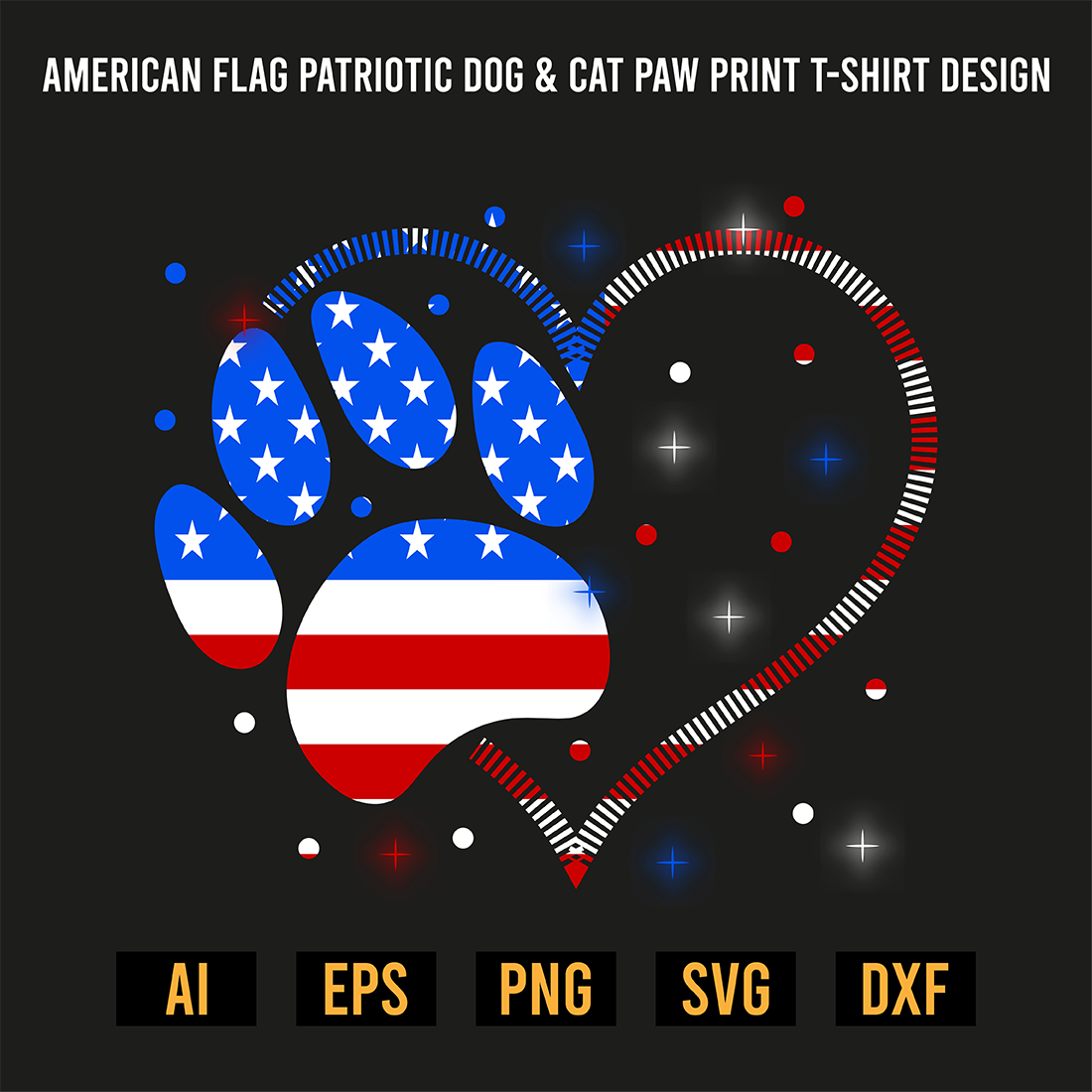 American Flag Patriotic Dog & Cat Paw Print T-Shirt Design preview image.