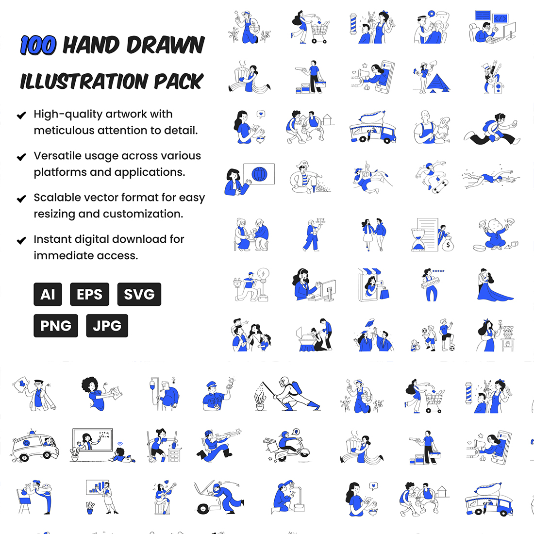 100 Hand Drawn Illustration Pack | Hand-drawn duotone cartoon vector pack/ SVG preview image.