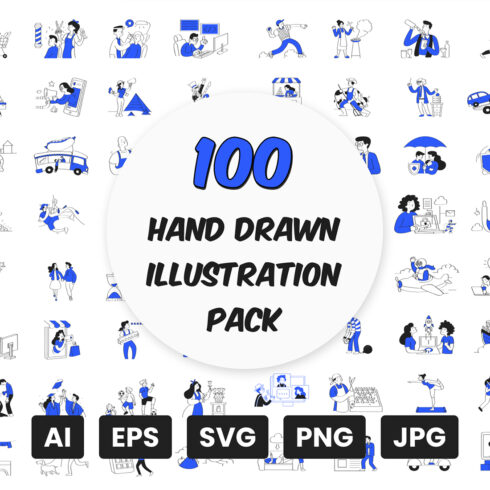 100 Hand Drawn Illustration Pack | Hand-drawn duotone cartoon vector pack/ SVG cover image.